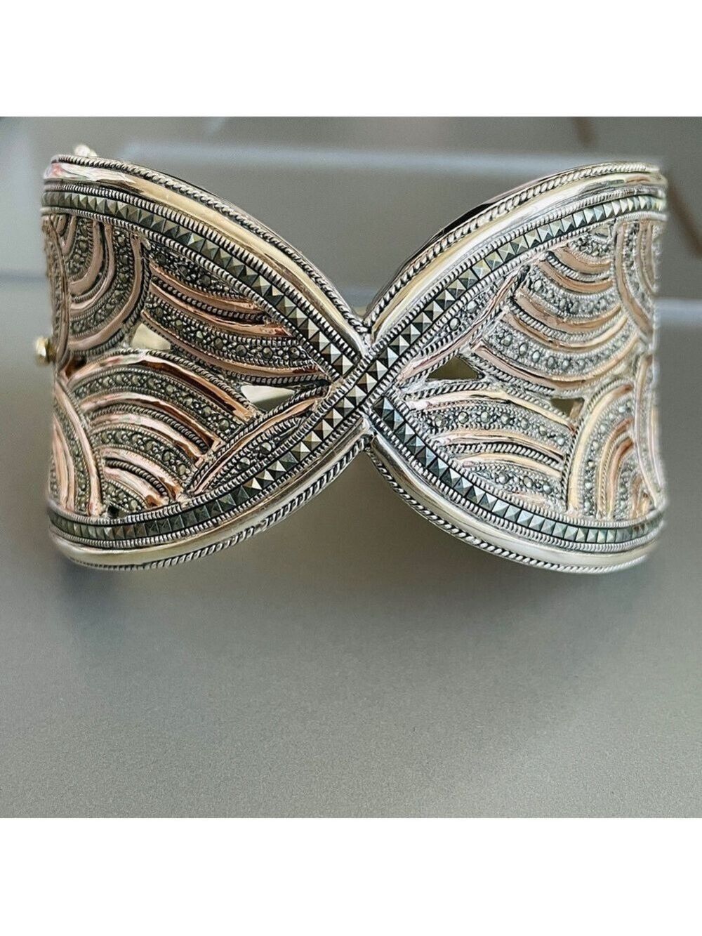 JUDITH JACK HUGE MASTERPIECE STERLING SILVER & GOLD MARCASITE BANGLE BRA…